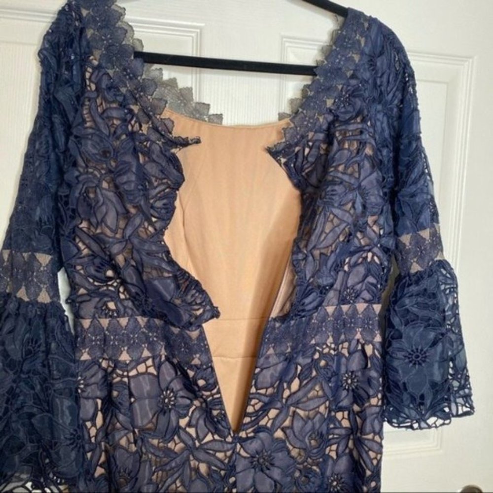 NWT Tadashi Shoji Navy Blue Nude Lace Off The Shoulder Maxi Dress Gown Size 10 - Picture 8 of 12